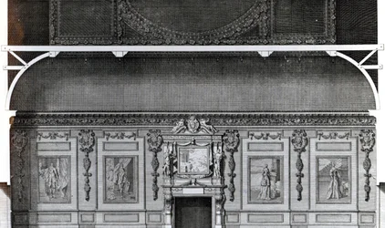 Sección del Gran Comedor en Wilton, según un diseño de Inigo Jones, grabado por H. Hulsbergh, publicado en 